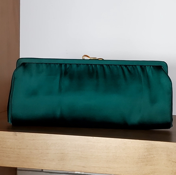 Morris Moskowitz Emerald Green Satin Clutch Gold Rhinestone Clasp+ Bag Inside - Picture 5 of 15
